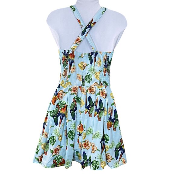 Hell Bunny Retro Blue Tropical Parrot Print Adj Cross Back Strap Pleated Dress S - Picture 3 of 8
